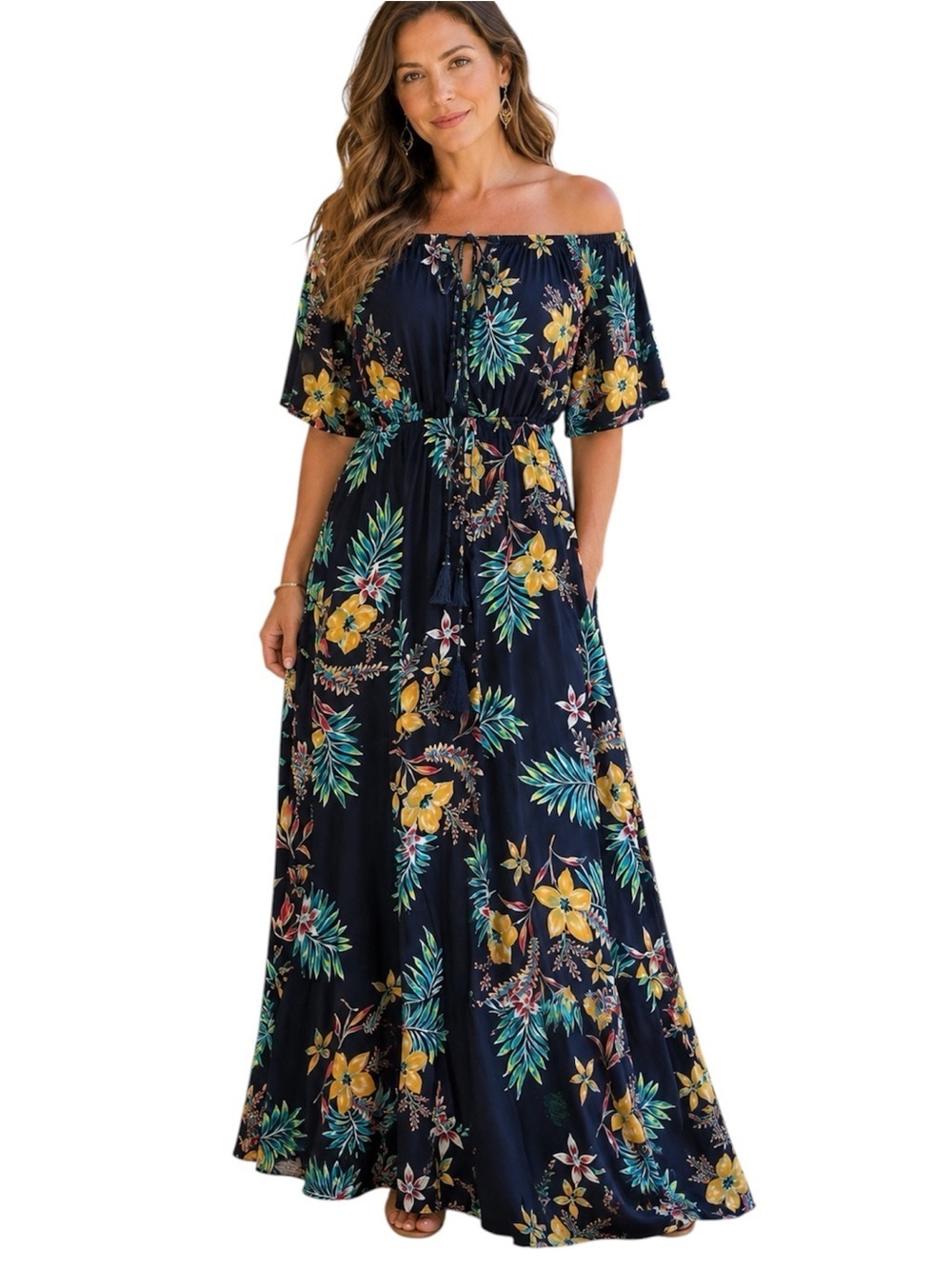 Label of Love Off The Shoulder Floral Maxi Summer Dress Navy Blue Tassels Large